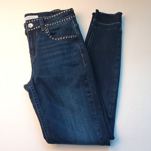 Zara Basic Z1975 Denim Jeans Size 4 Mid Rise Skinny Leg Medium Dark Wash Rivets - Picture 1 of 10
